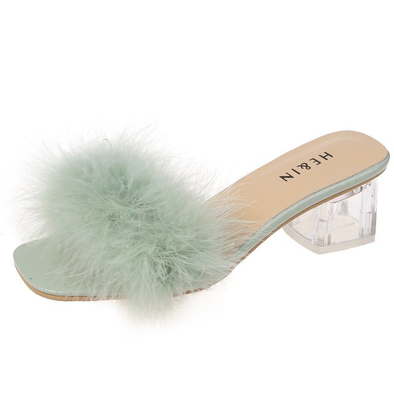 Furry Cool Half Drag Thick Heel Sandals
