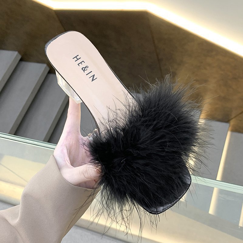Furry Cool Half Drag Thick Heel Sandals