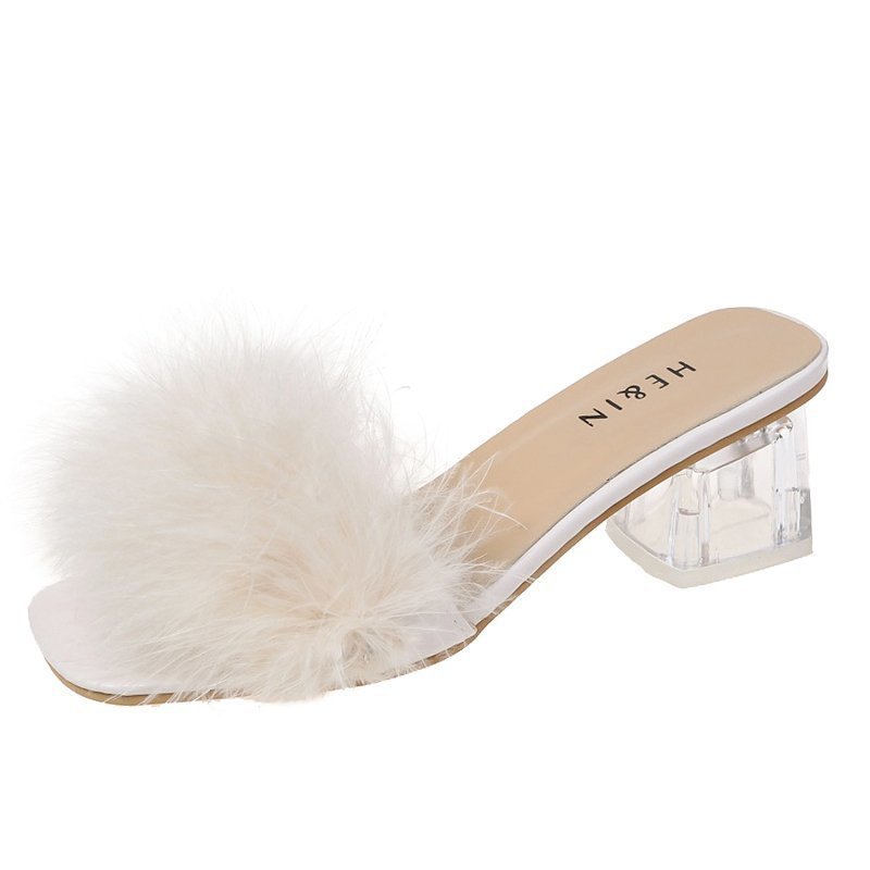 Furry Cool Half Drag Thick Heel Sandals