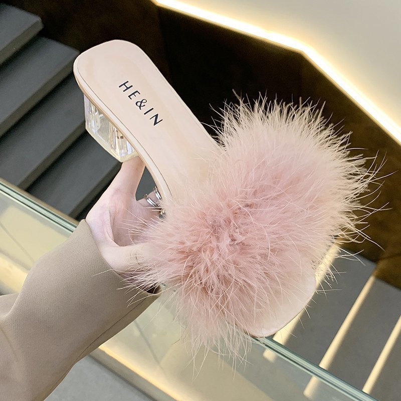 Furry Cool Half Drag Thick Heel Sandals
