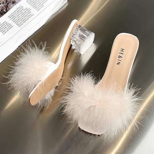 Furry Cool Half Drag Thick Heel Sandals
