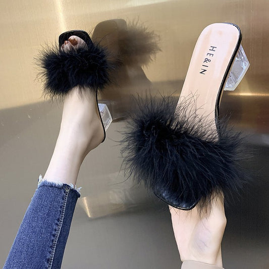 Furry Cool Half Drag Thick Heel Sandals
